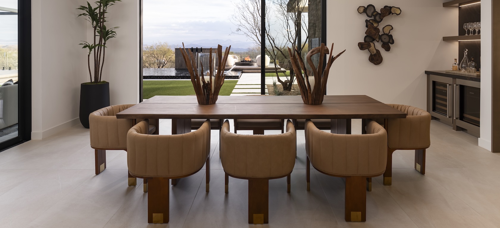 modern dining room with sliding doors to the outdoor living space