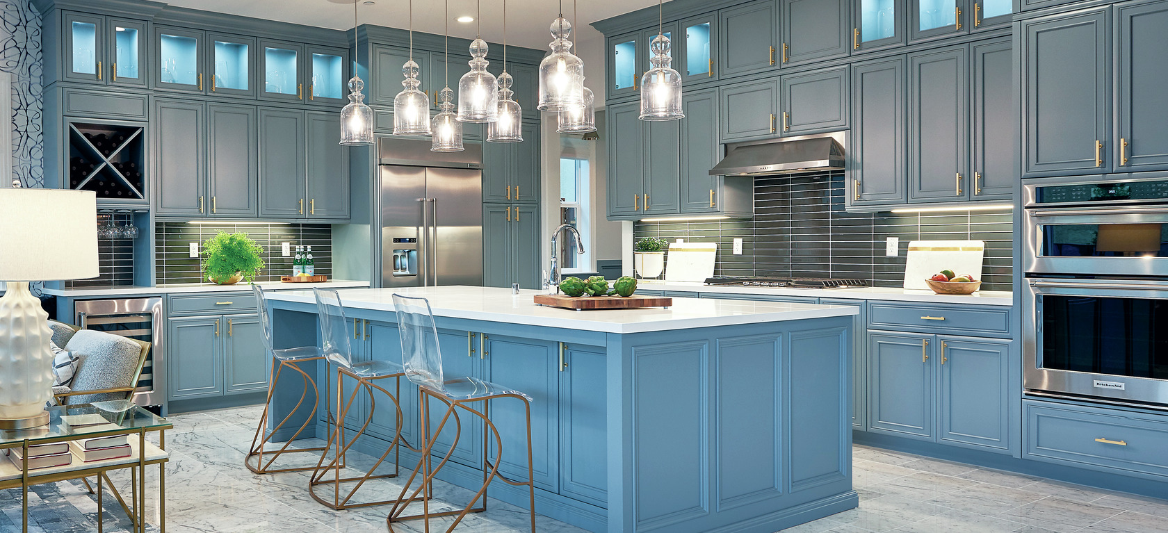 Blue cabinets and kitchen island