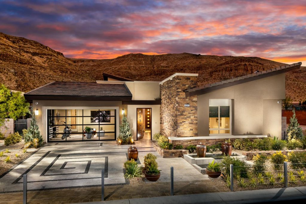 Exterior of a house with an organized garage.