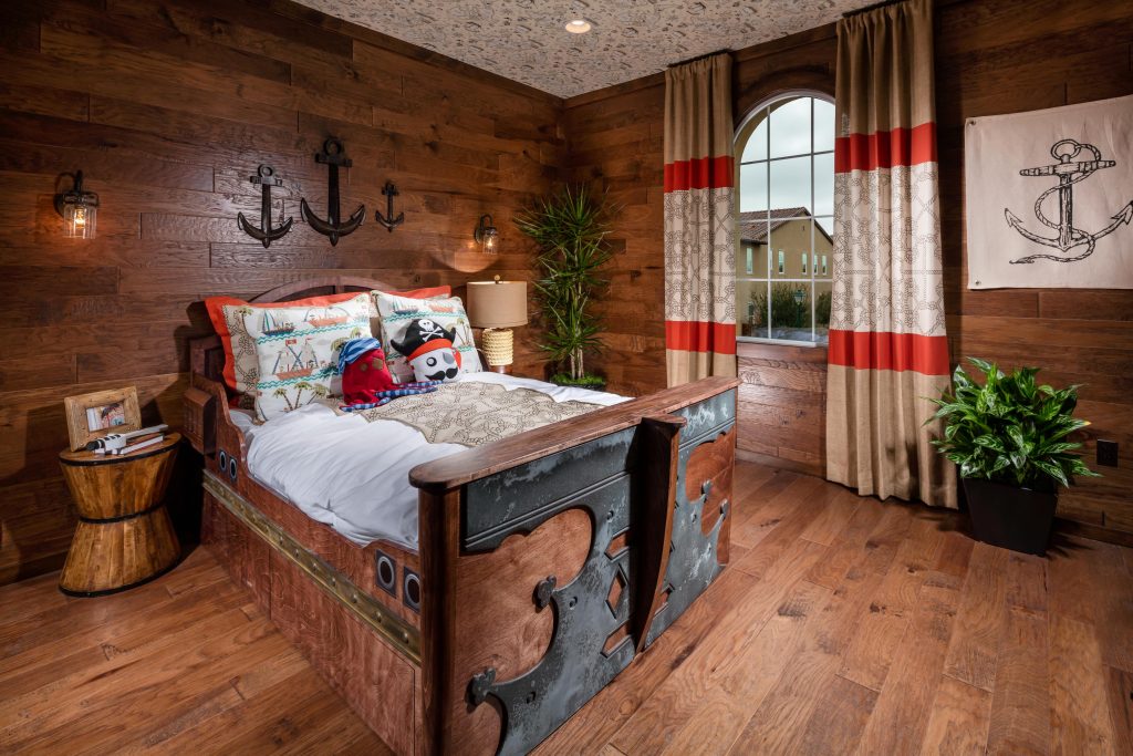 Teen bedroom with wood design elements.