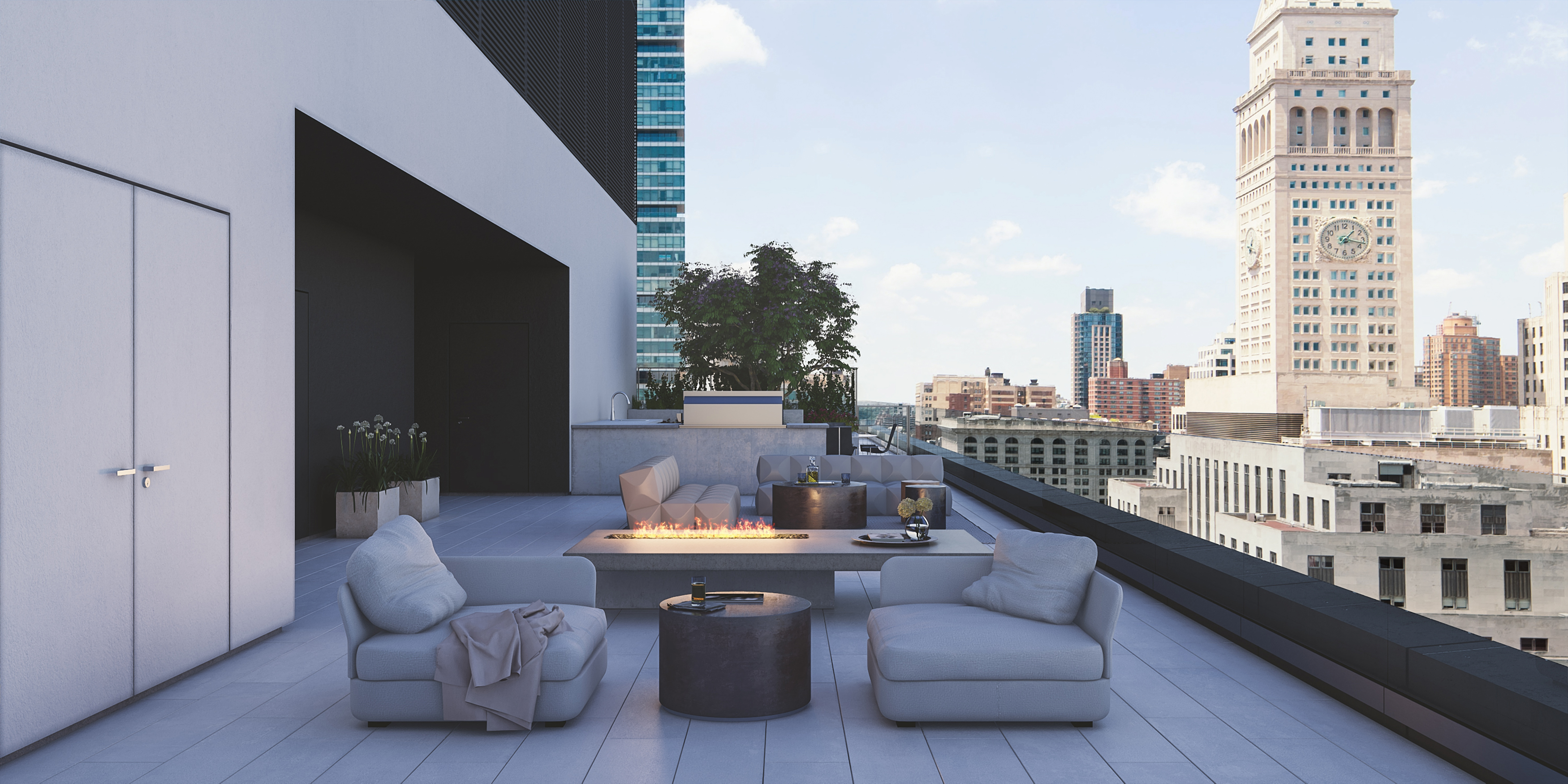 Terrace, with a fire pit, on a condo building in New York.