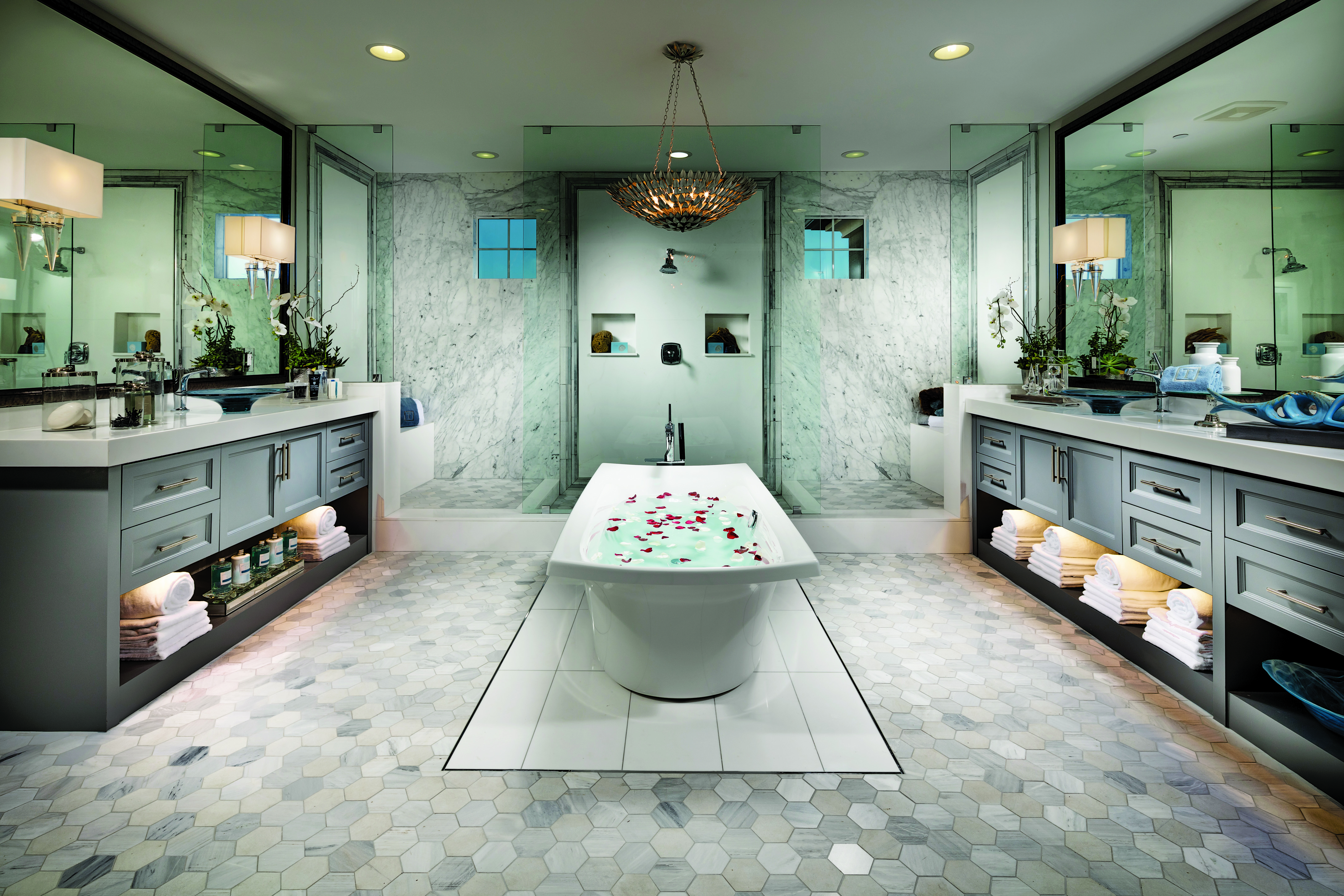 Luxurious Bathroom with a Freestanding Tub at the Center of the Bathroom