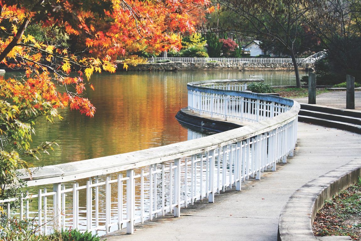 Scenic scene in Raleigh, North Carolina with white bridge with colorful fall trees