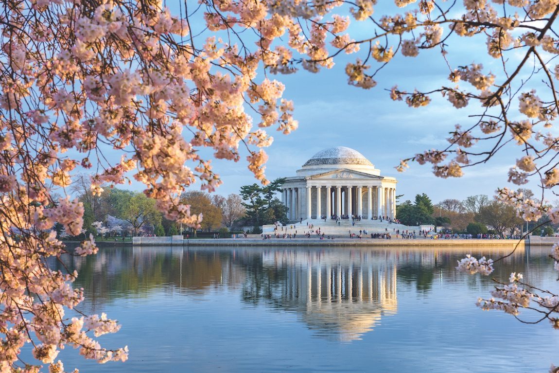 Washington, DC at the Tidal Basin and Jefferson Memorial during spring.