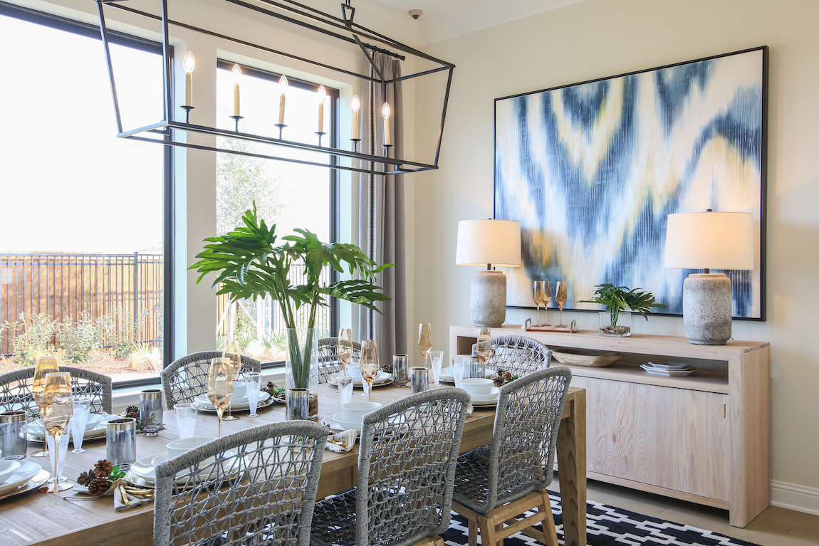 Dining room with modern farmhouse design.