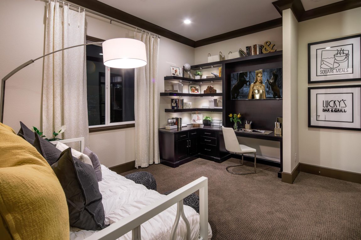 Kids study featuring large desk, copious bookshelves, and TV