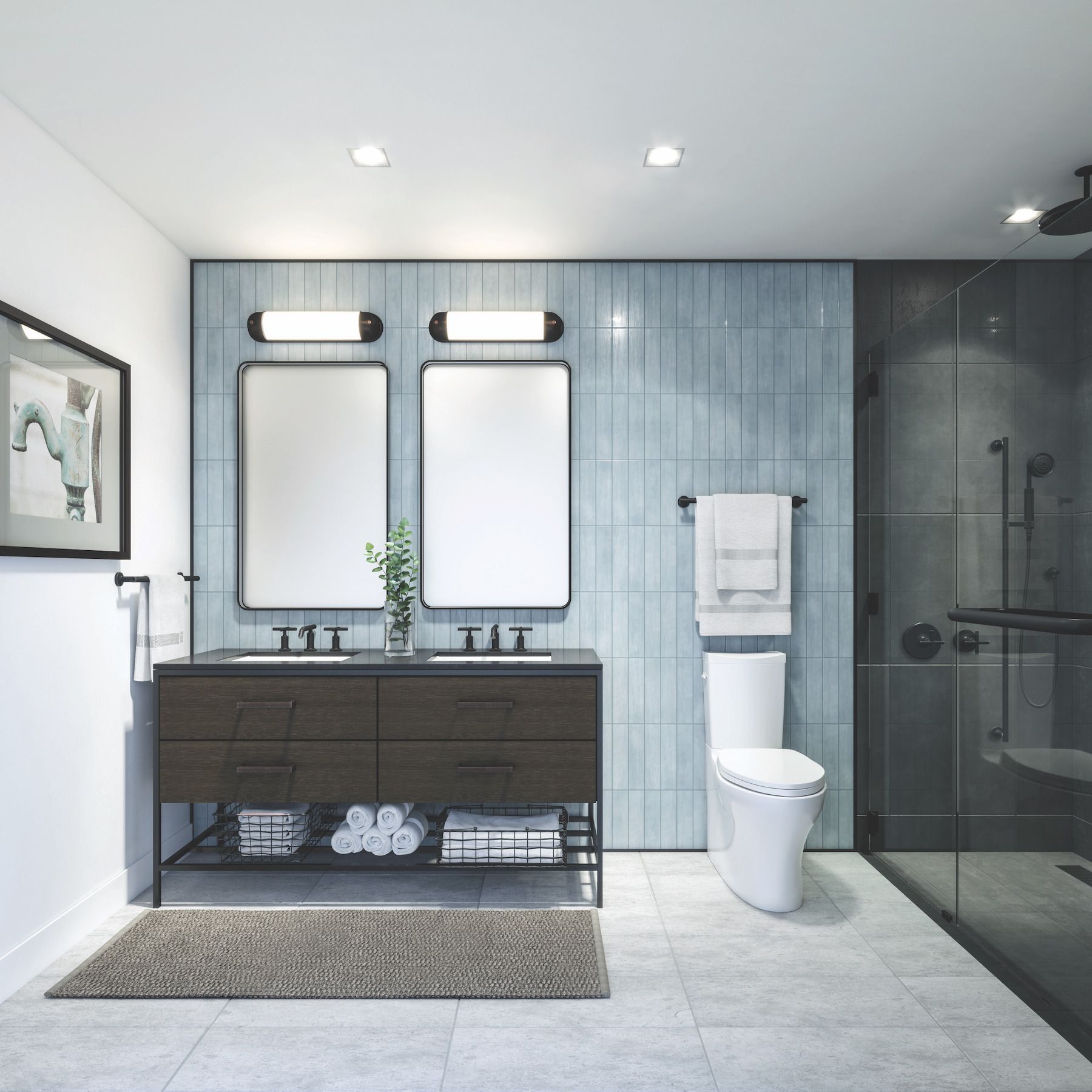 bathroom with floor and wall tiling, dual vanity display, and innovative toilet
