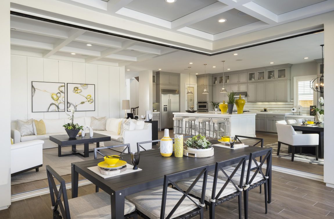 Great room featuring coffered ceiling