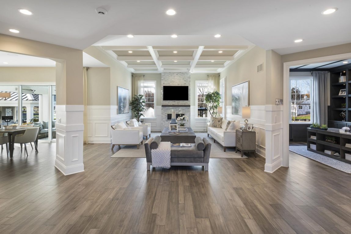 Entertaining living room with coffered ceiling.