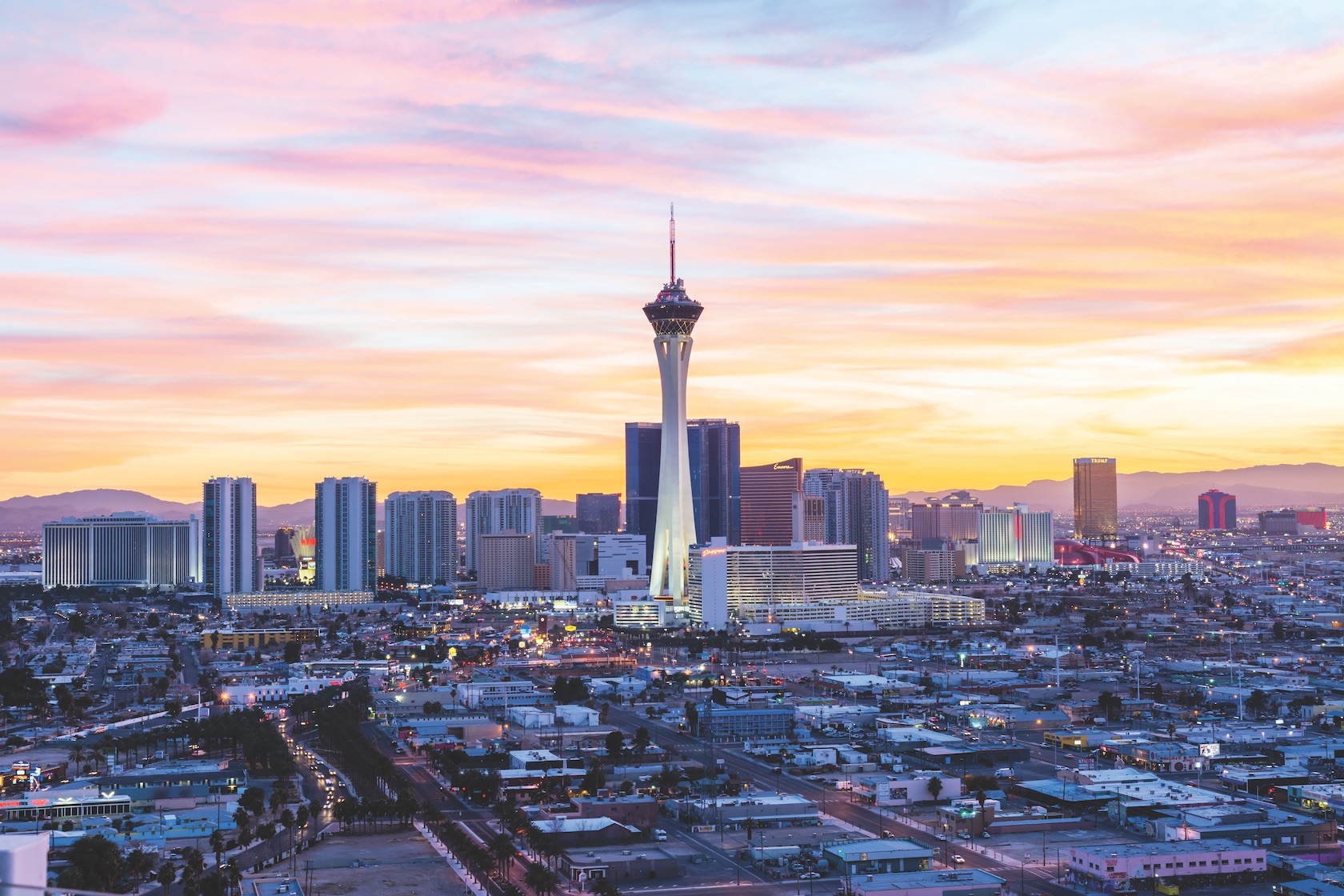 Las Vegas skyline at sunset.