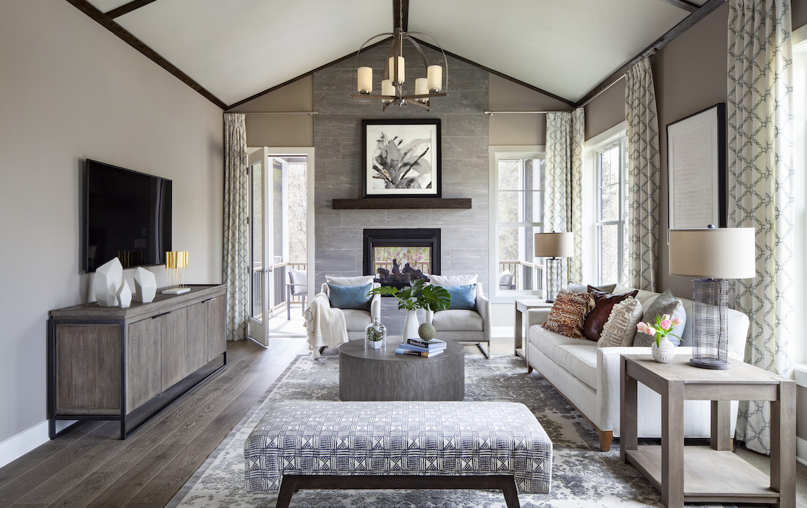 modern farmhouse great room with vaulted ceiling design