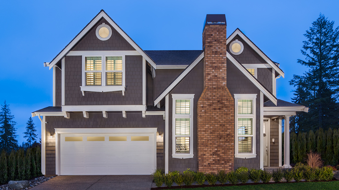 Pacific Northwest front exterior with brick chimney 