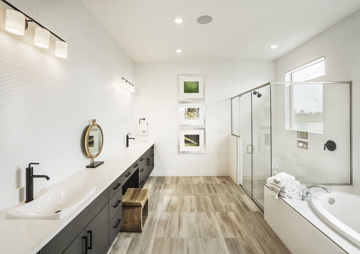 Bathroom highlighted by long vanity countertop with DemiLav sink fixtures