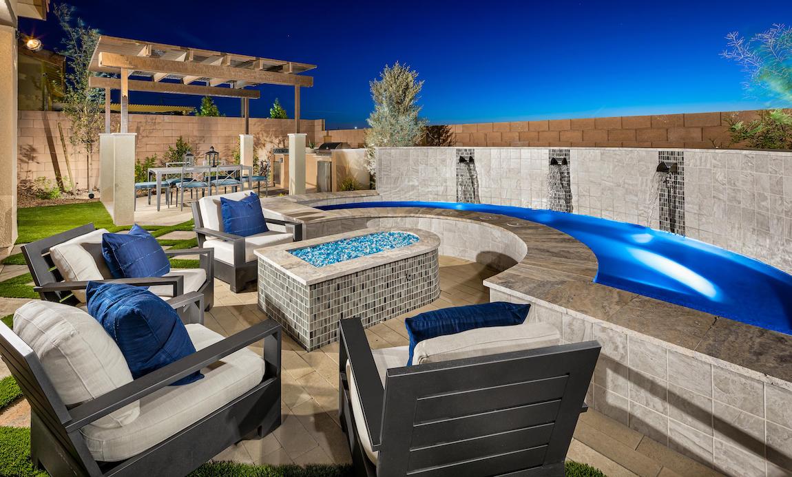 Outdoor lounge area with pool