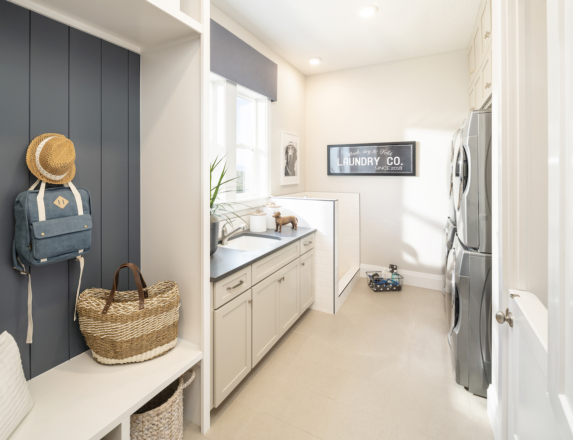 Blue and white mudroom with shiplap