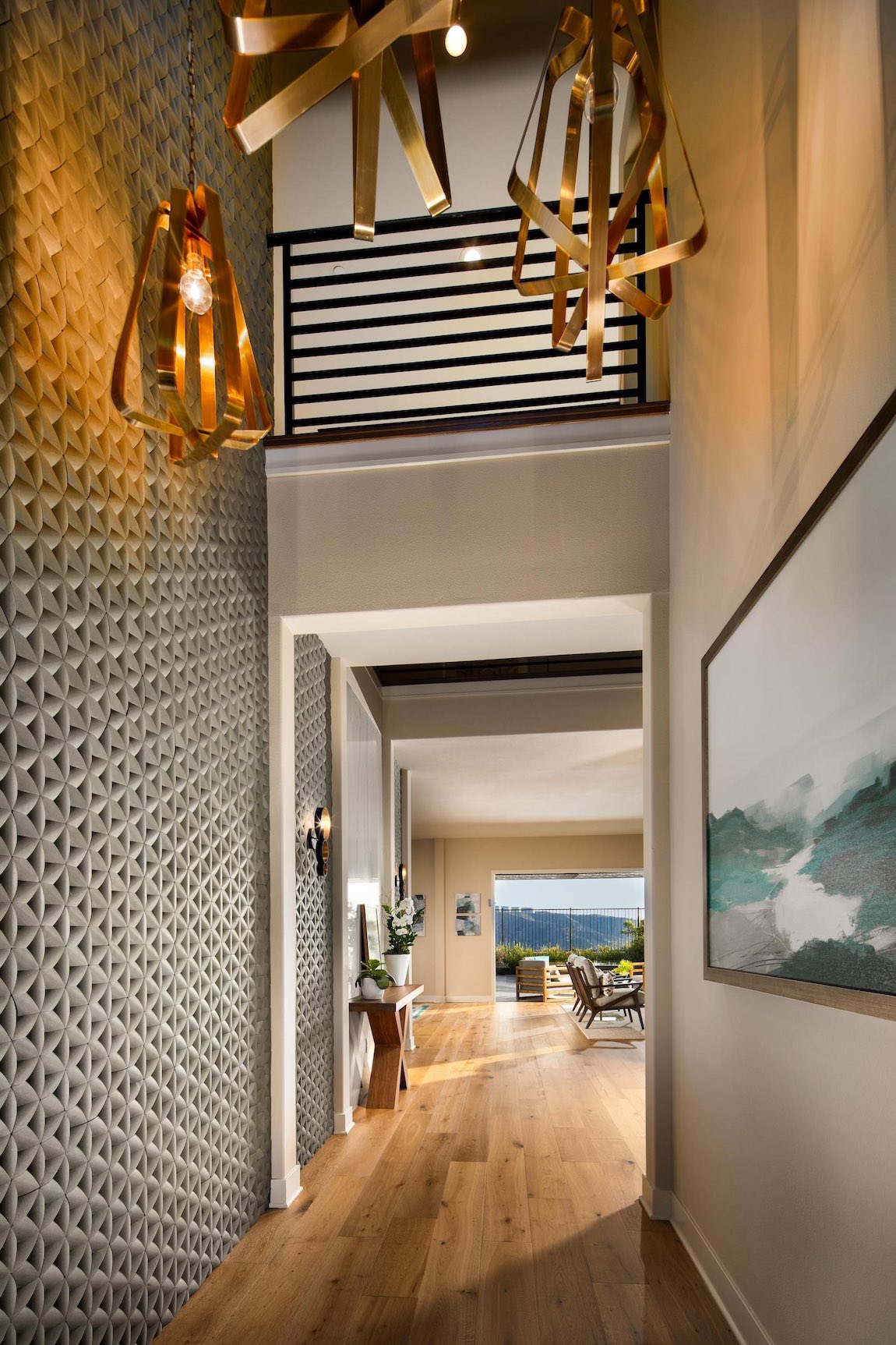 Entry with geometric and metal wall accents.