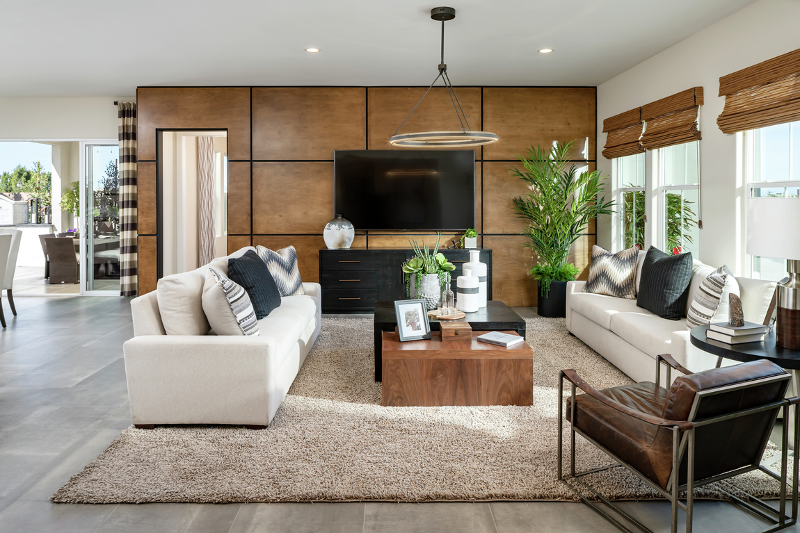 Living room with wood panel accent wall for a contemporary design
