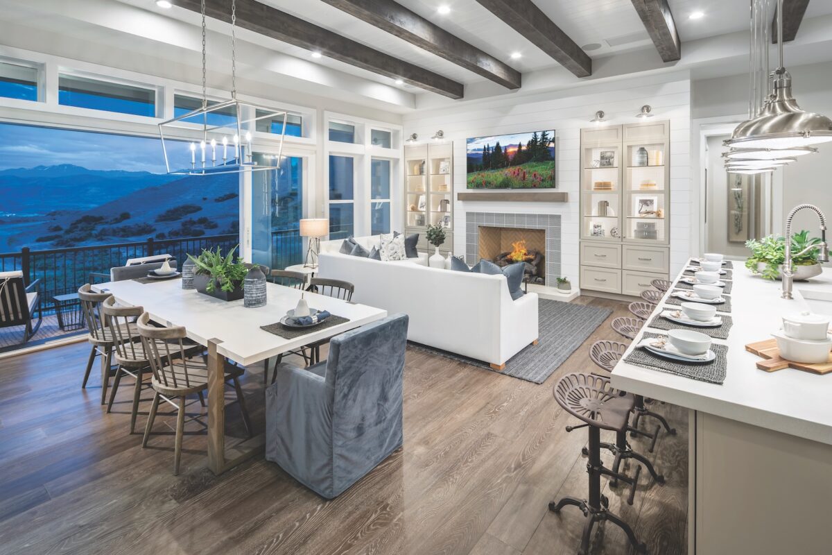 Utah home with great room with mountain view, kitchen, and beamed ceilings.