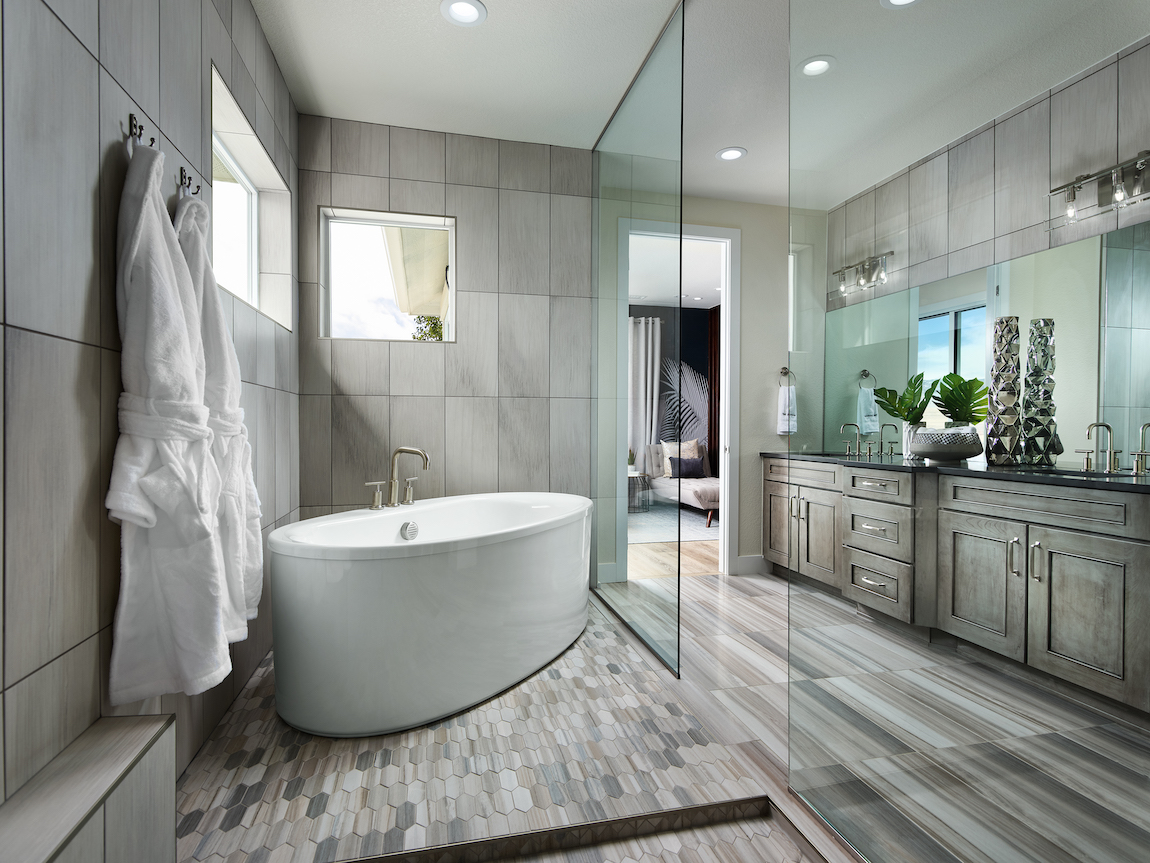 Luxe master bathroom with sleek interior design and neutral tones