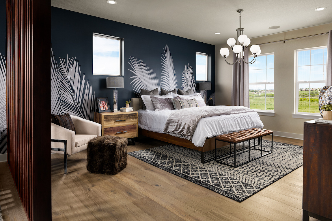 Master bedroom with printed wallpaper as part of interior design