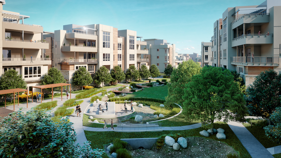 Metro Crossing courtyard featuring landscape design, walking paths and areas for families to spend time.