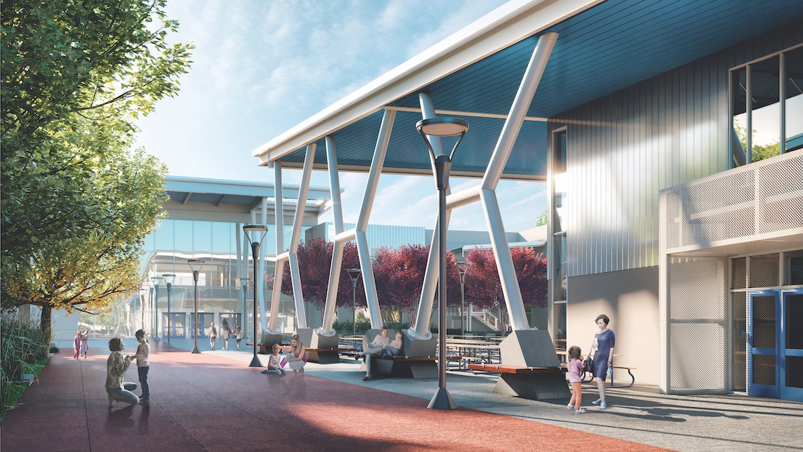 Exterior building of resort-style amenities at Metro Crossing in California.