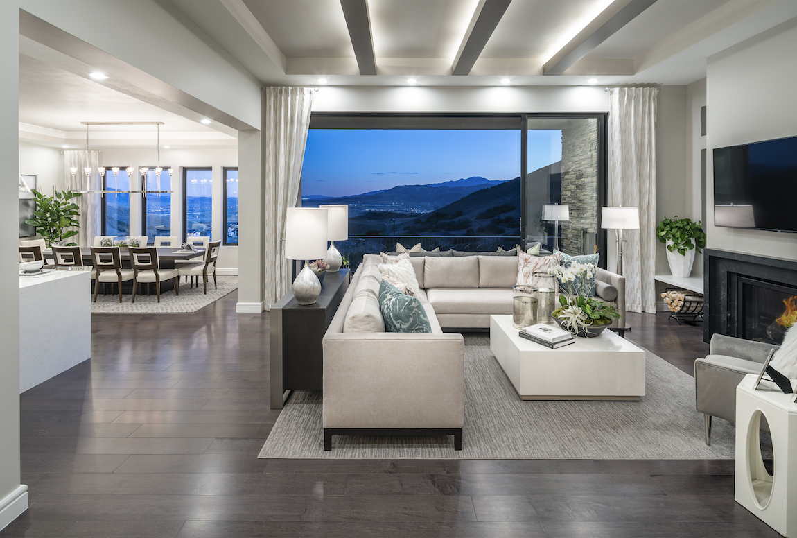 Toll Brothers model home in Canyon Point at Traverse Mountain in Utah overlooking the Rocky Mountains.