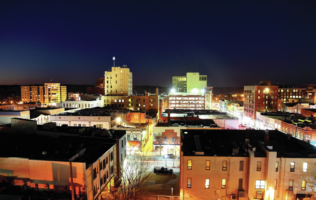 View of downtown Ann Arbor, Michigan during dusk.