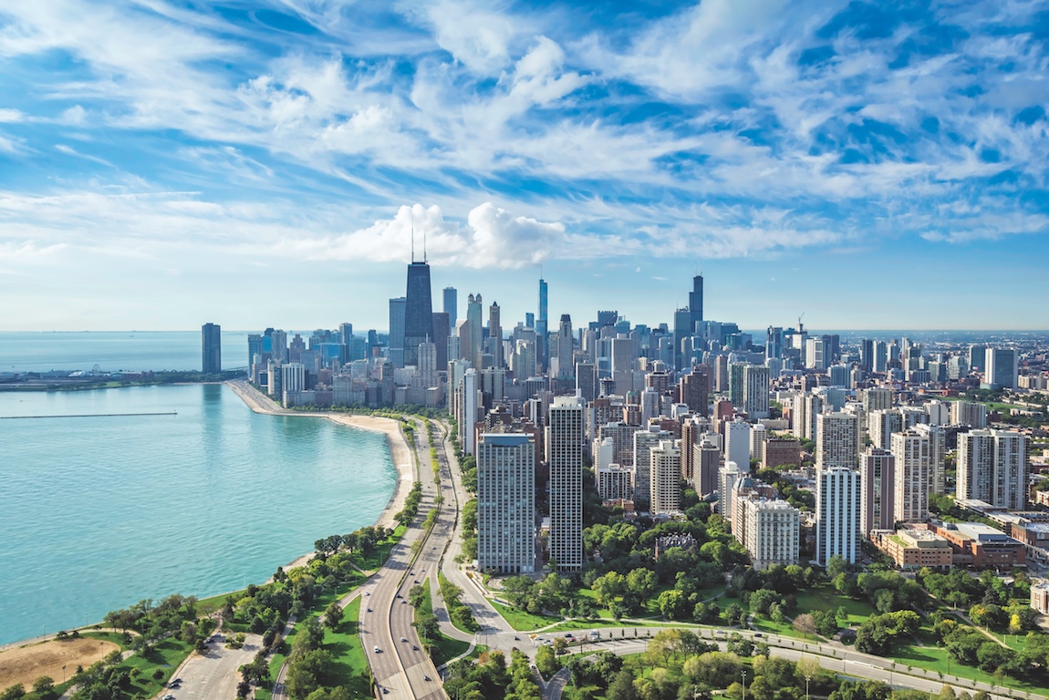 Chicago Skyline aerial view with road by the beach