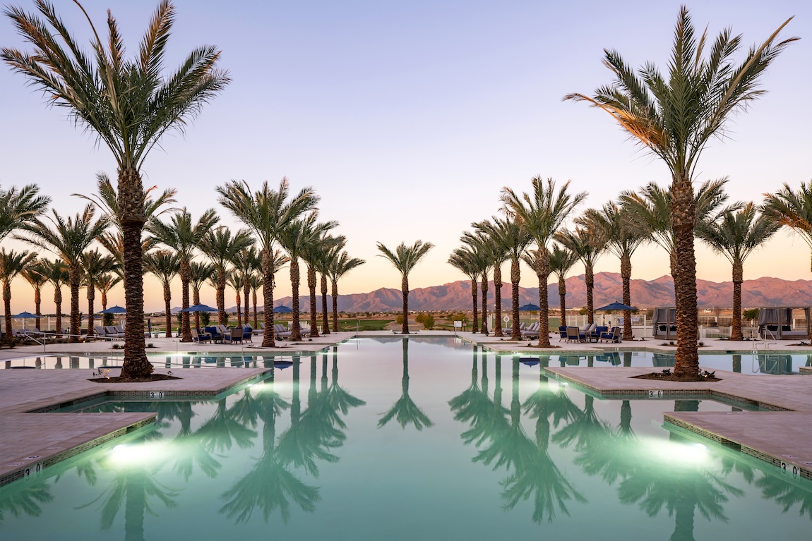 Community pool with palm trees and views of the mountains