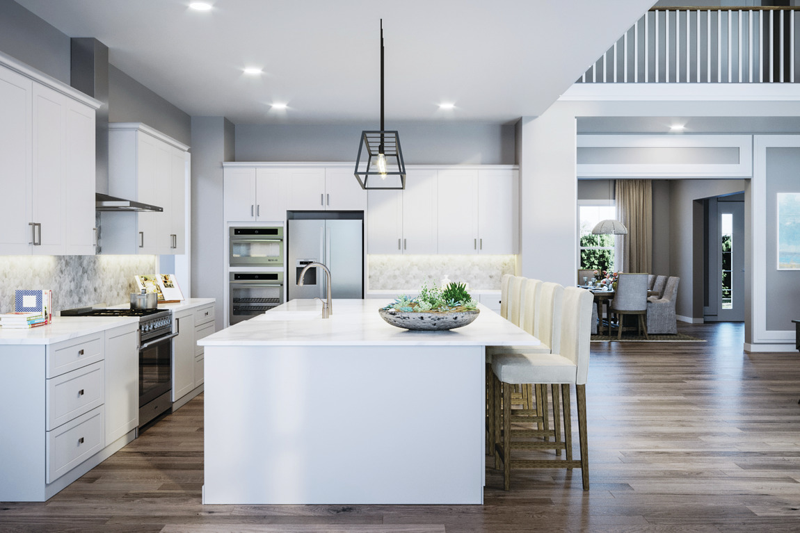 White quartz countertop on kitchen island in a luxury home