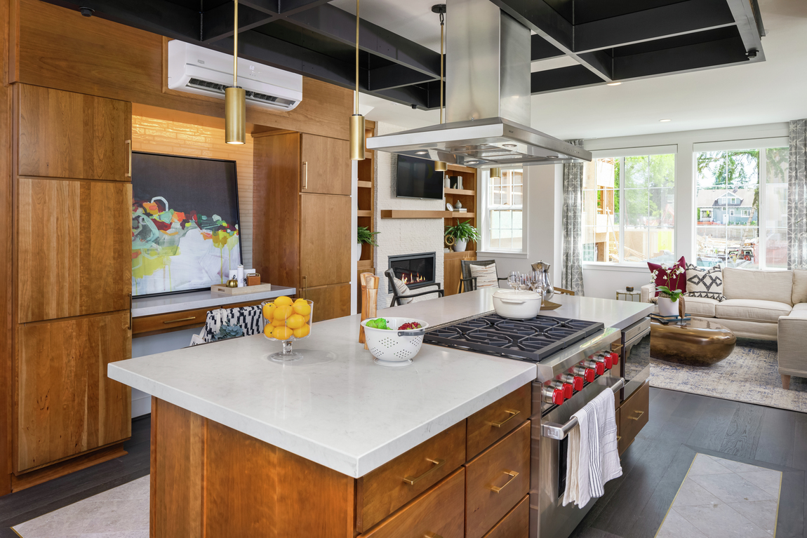 Modern townhome with London grey quartz countertop in the kitchen