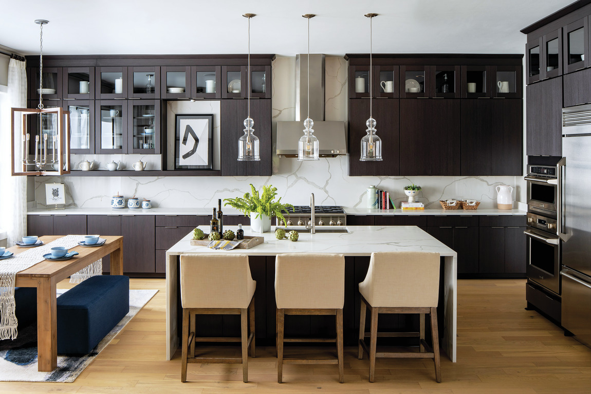 Modern kitchen with pendant LED lighting