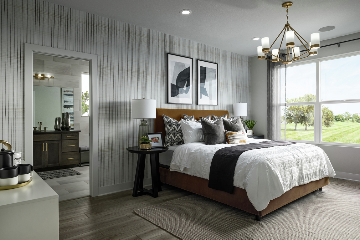 Modern bedroom design with grey paint color and wooden bed frame