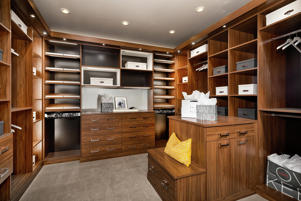 Dual closet with dark wood elements and black backing. 