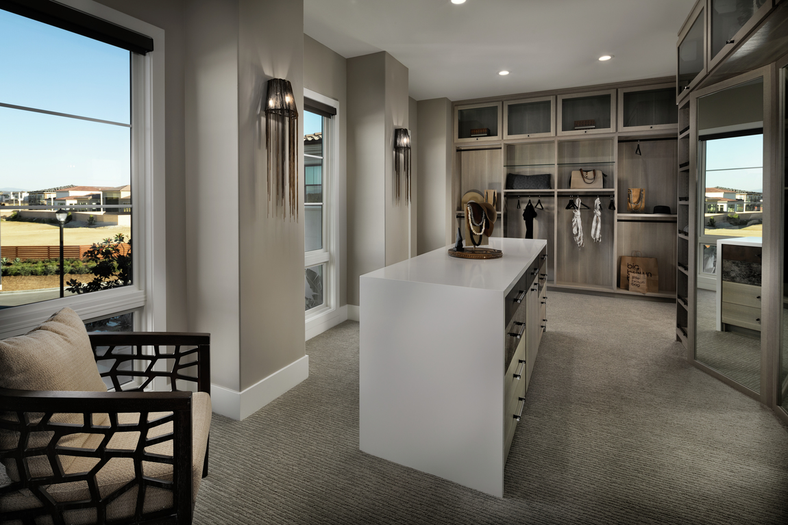 Large dual closet with center waterfall island, natural lighting, and brown closet finishes.