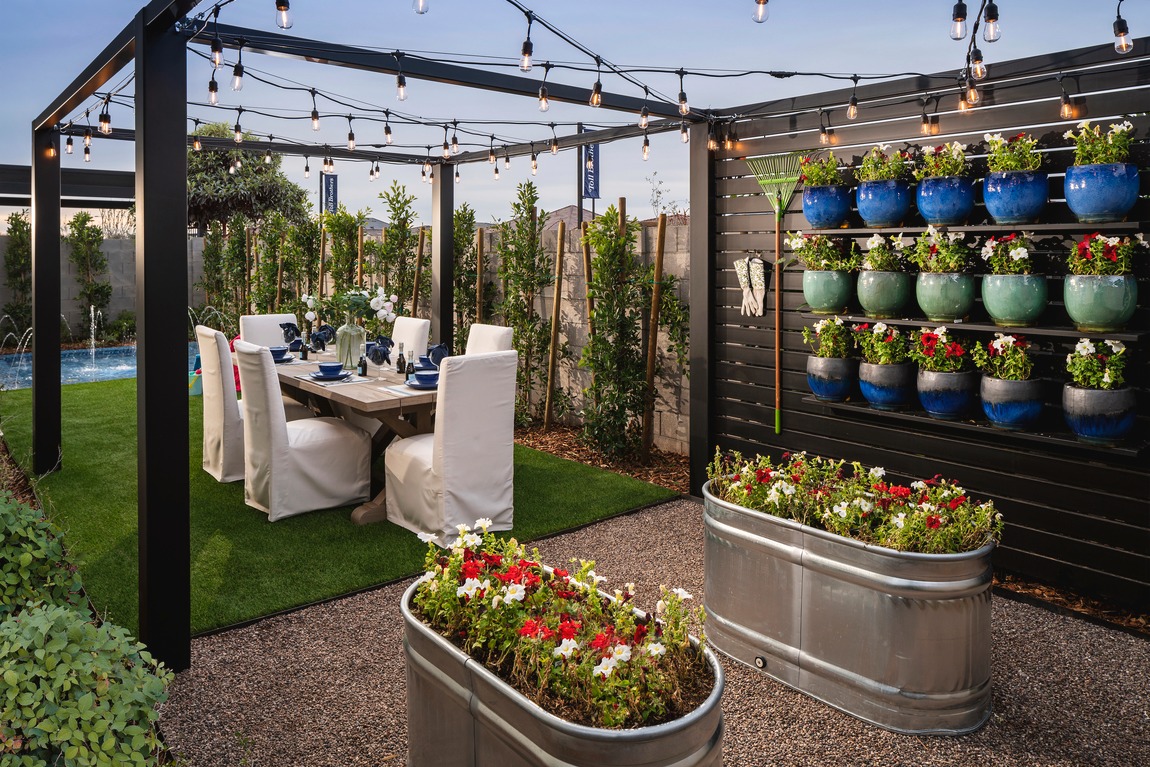 Garden dining with string lights