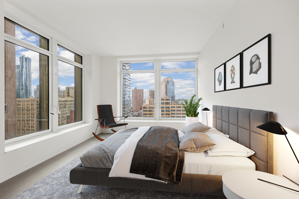 A modern bedroom in a luxury condo in New York.