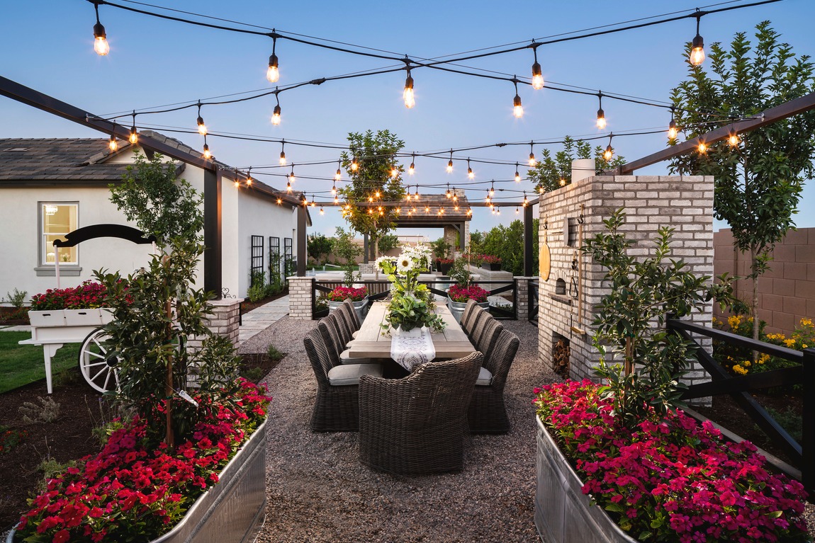 outdoor setting highlighted by string lights