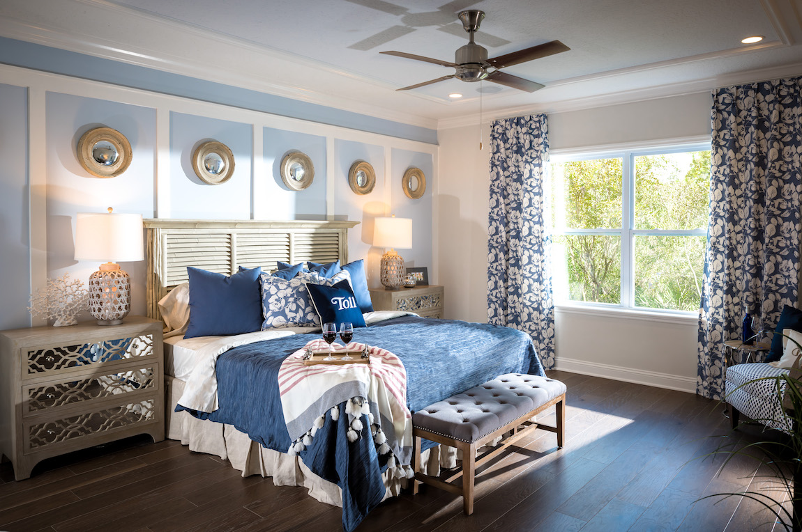 A coastal style bedroom with a blue color scheme and wooden features.