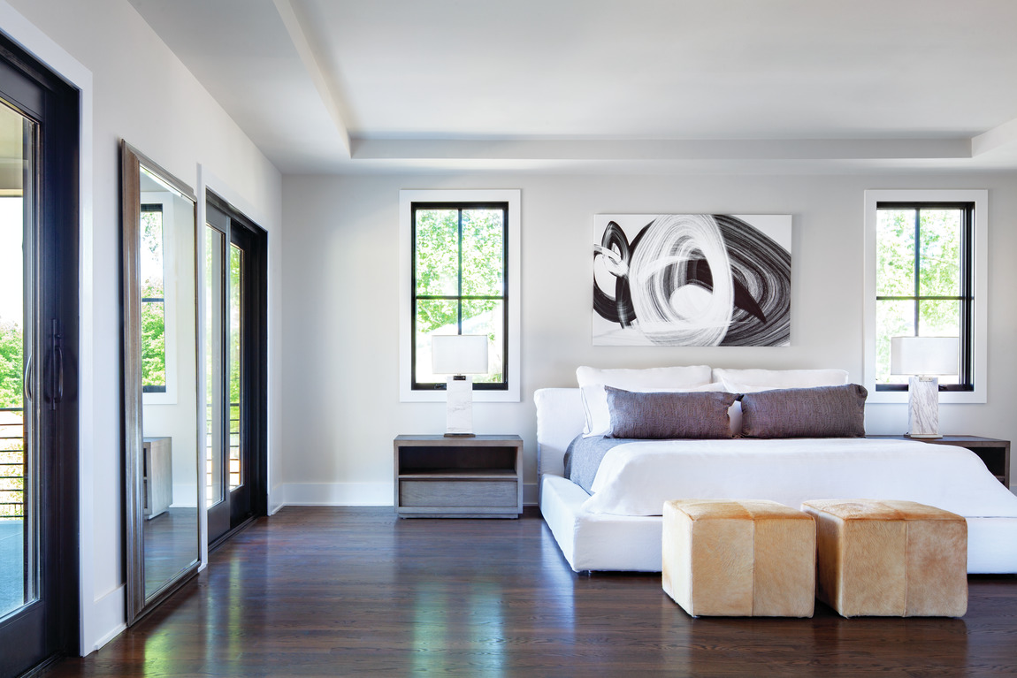 A minimalist bedroom in a luxury Toll Brothers home in Virginia.