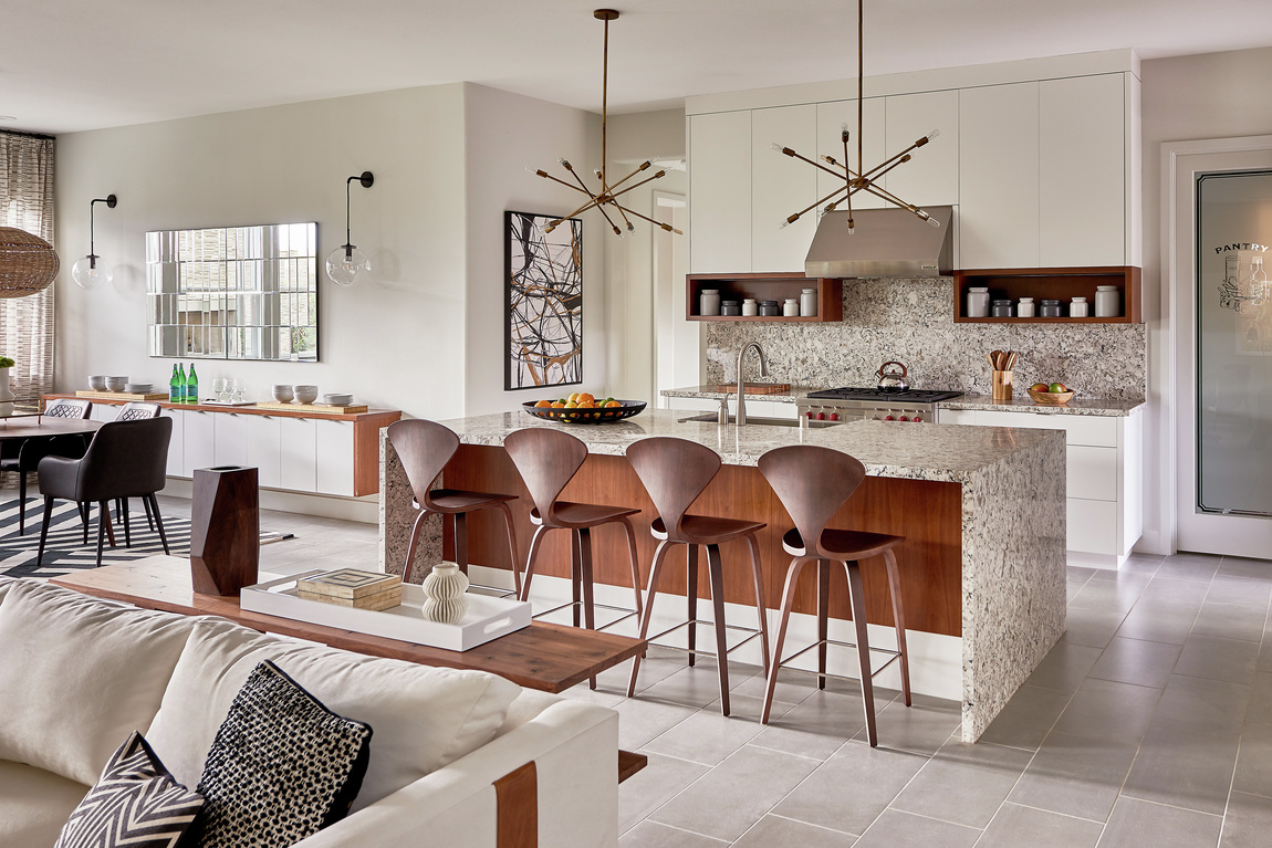 Granite waterfall countertop in modern kitchen