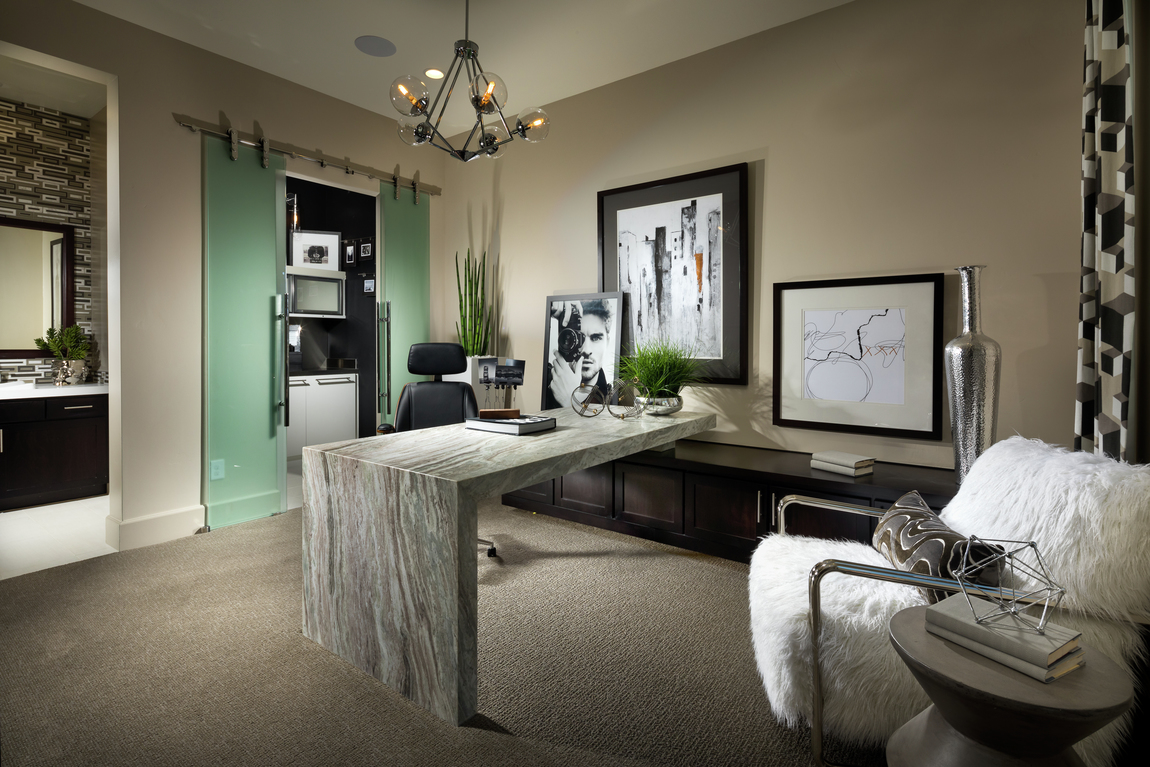 Contemporary glass sliding door in a home office.