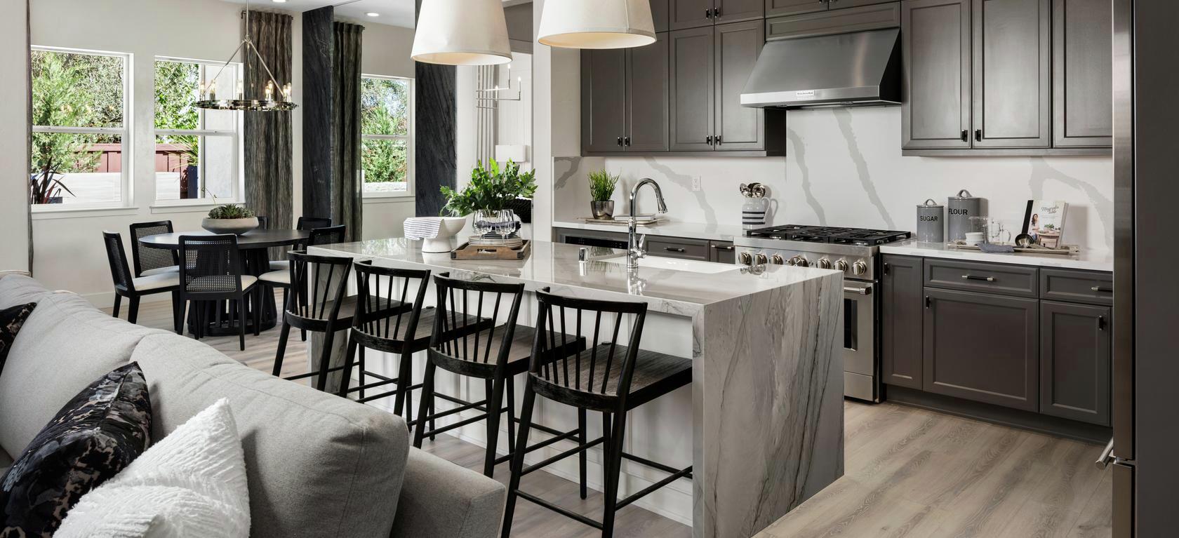 Black and white kitchen with marble backsplash