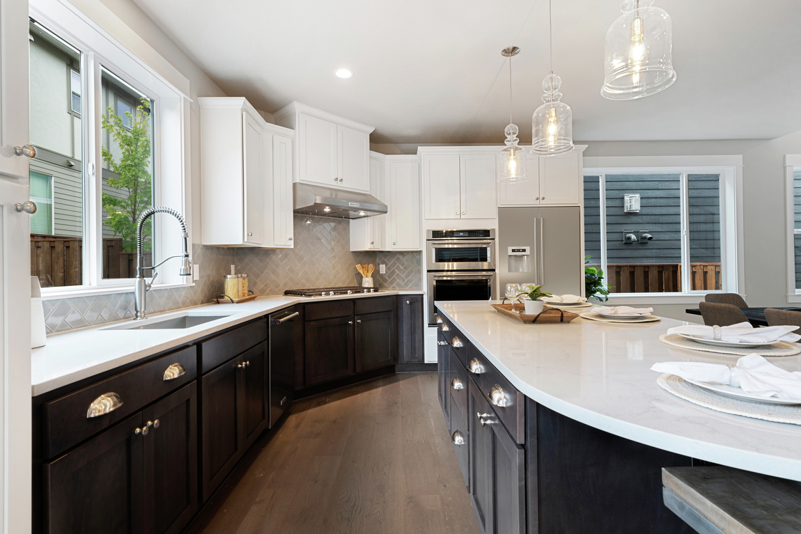 modern kitchen with gray backsplash