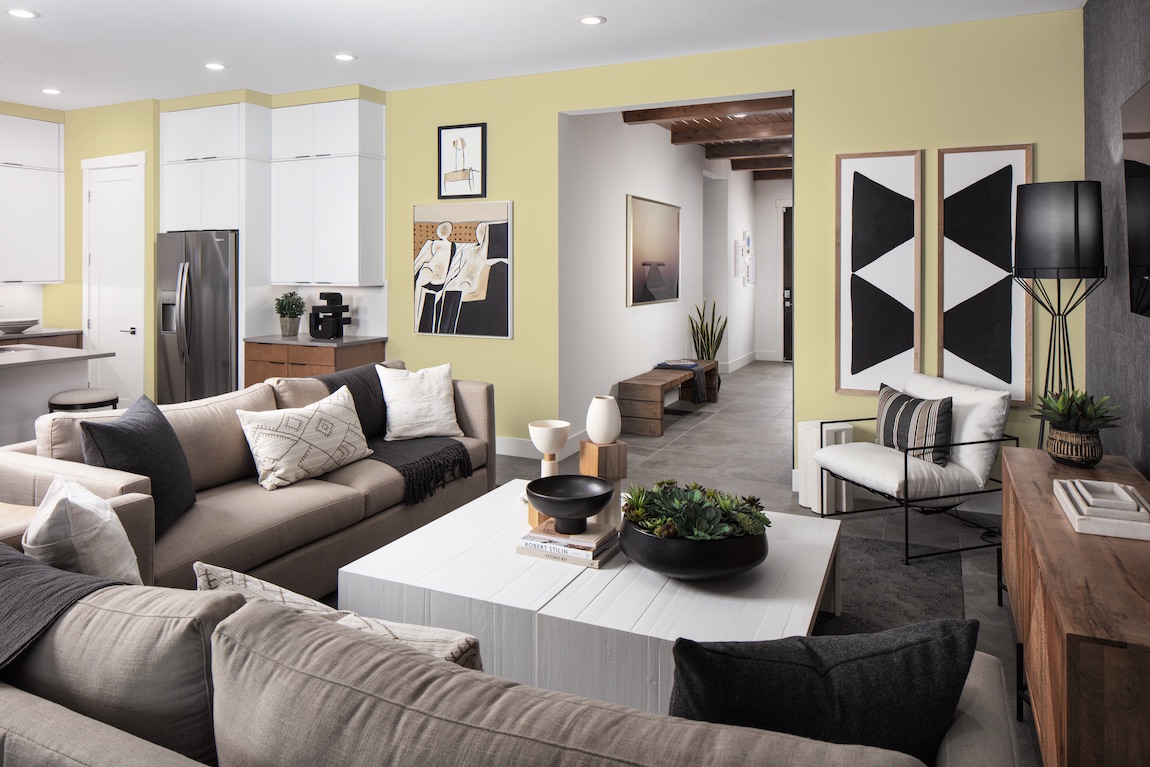 Spacious great room highlighted by eccentric yellow paint color