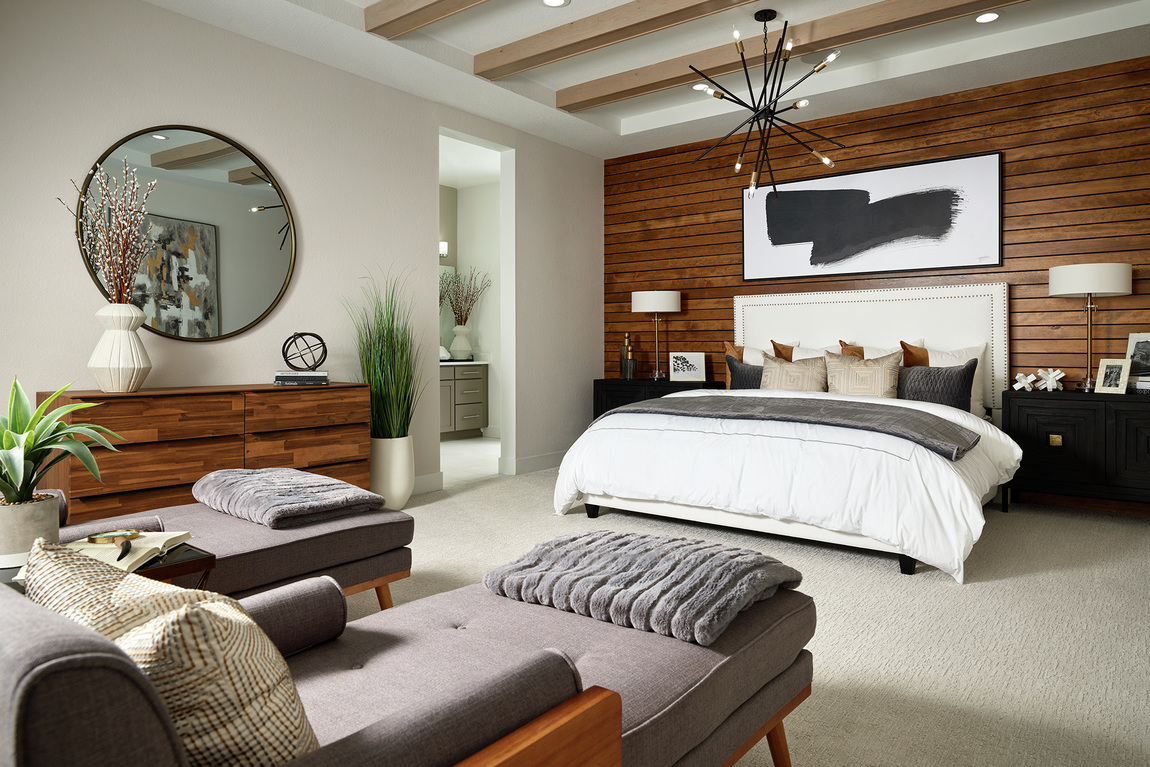 Luxe bedroom design with accent wall and calming paint color