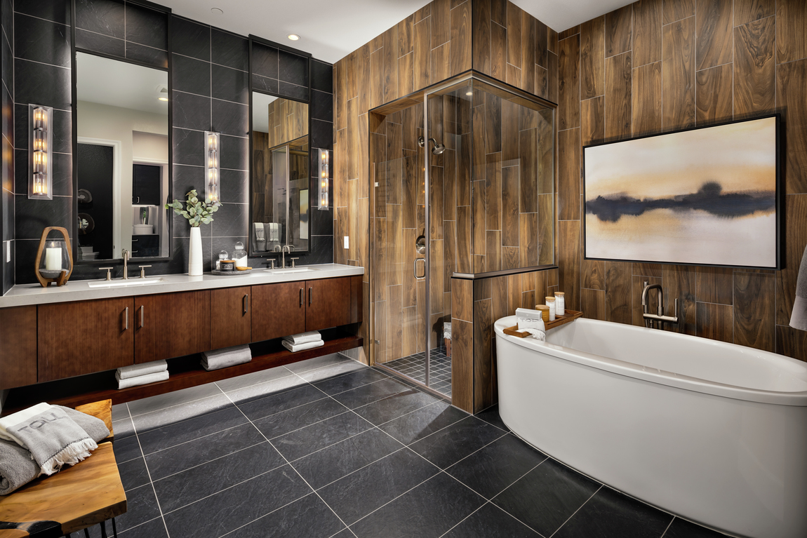 Bathroom with dark tiles and wood style tiles.