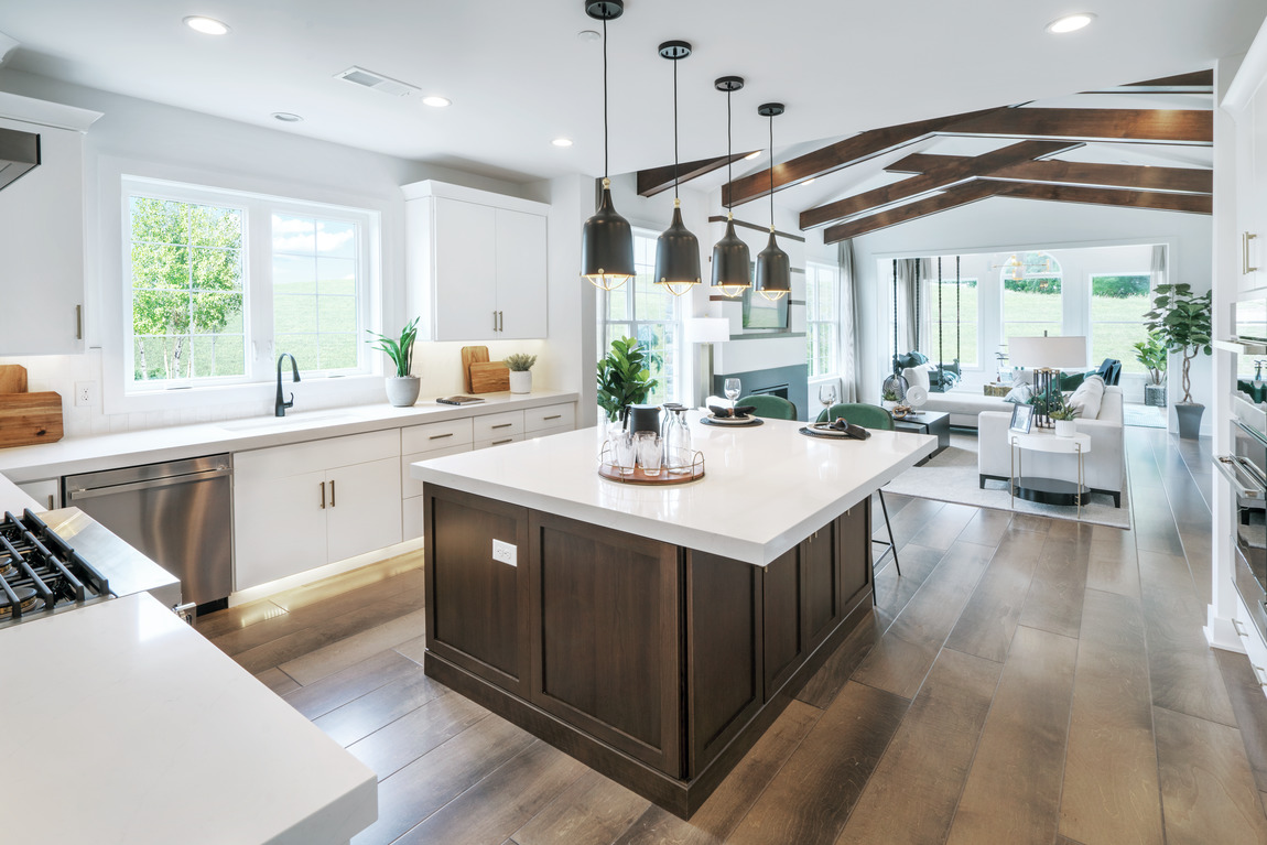 Rustic modern interior with natural tones and wood beams