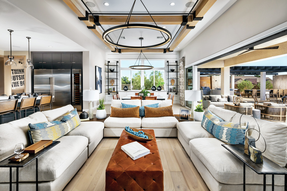 luxe modern great room with accent ceiling